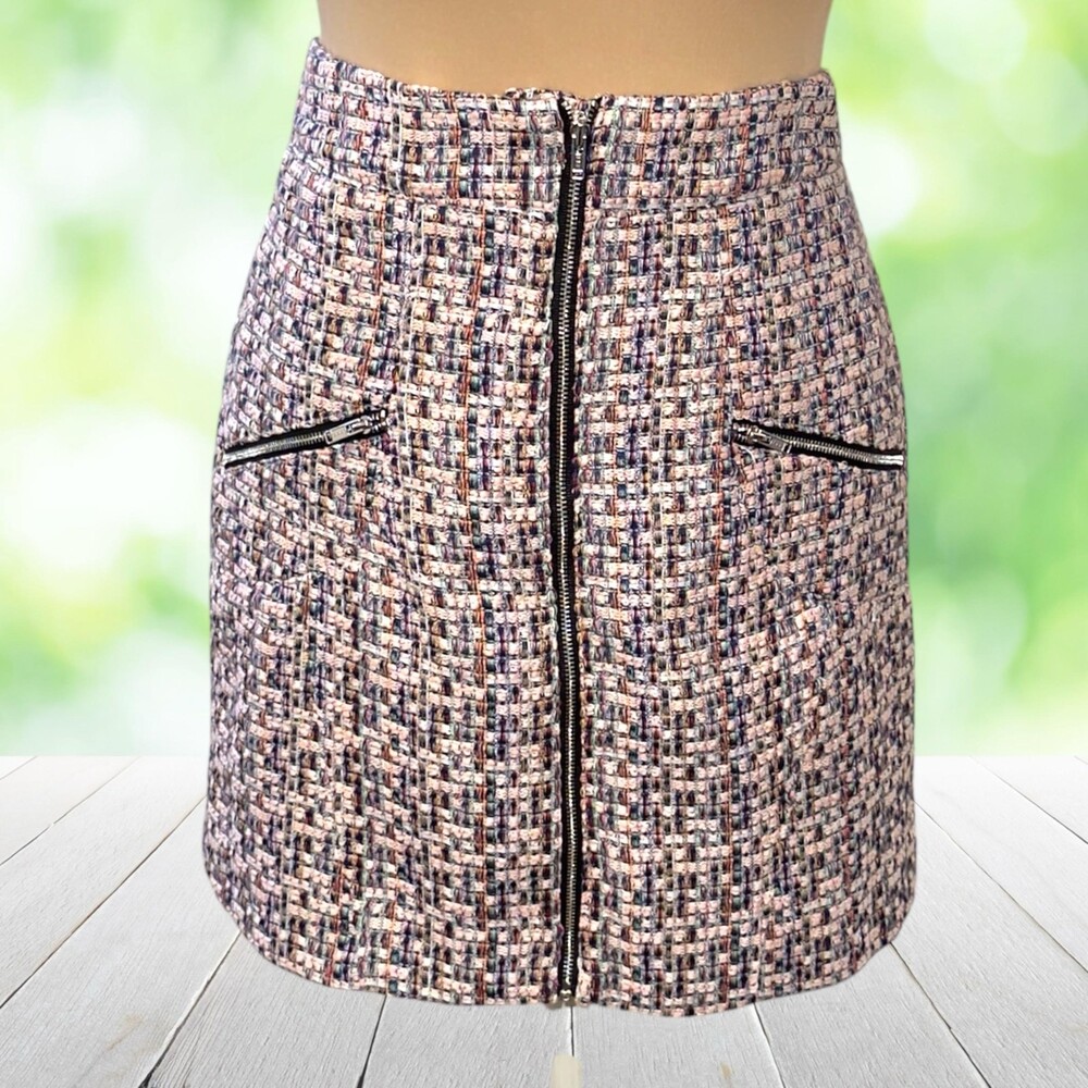 ASOS Skirt Tweed Boucle Mini High Rise Exposed Zipper Pockets Pastel Womens 8